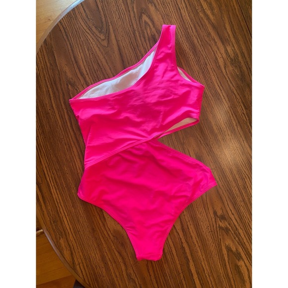 One Shoulder Cutout Swimsuit Hot‎ Pink One Piece Bathing Suit Medium - Picture 1 of 3
